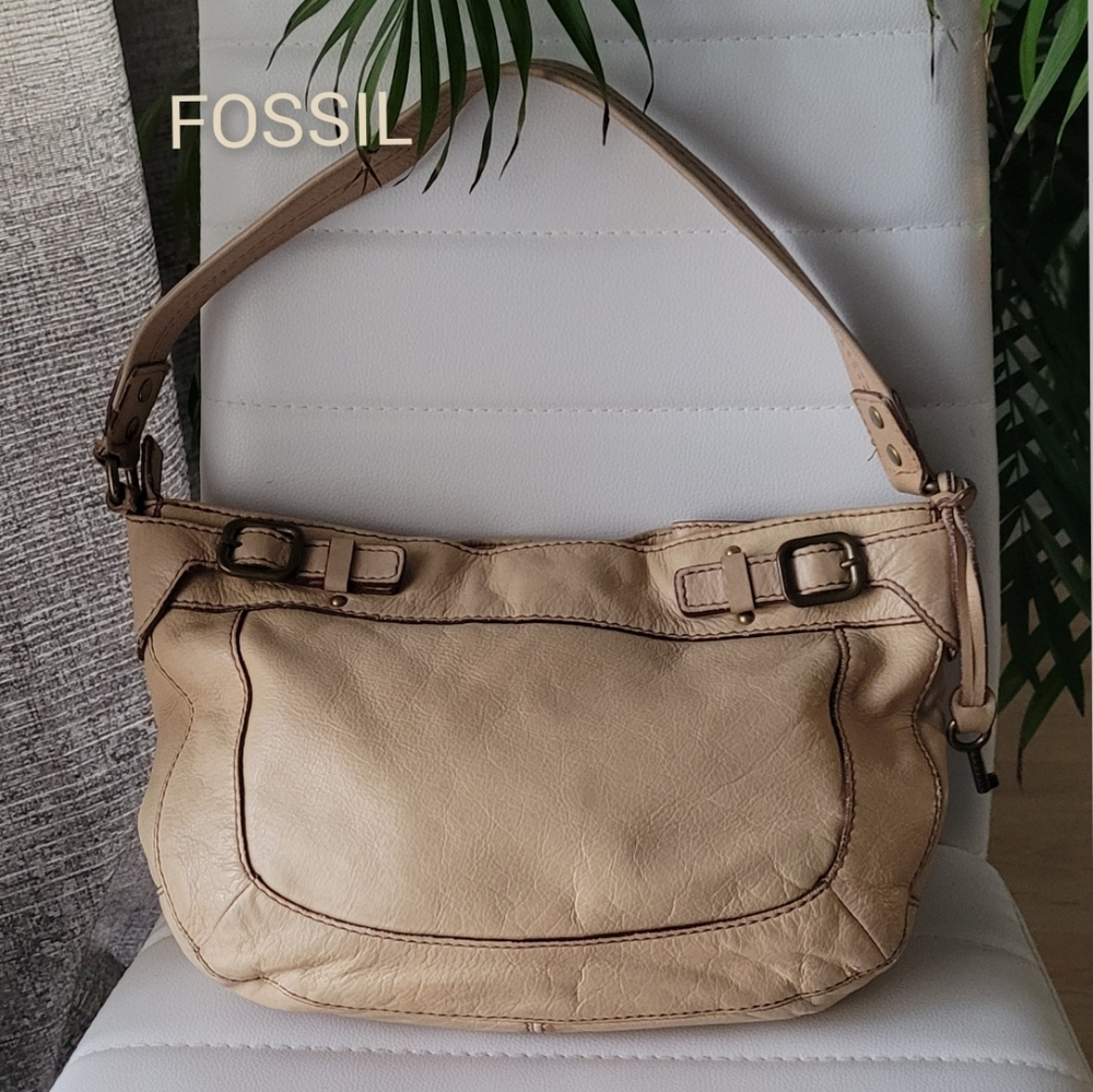 Fossil Beige Leather Hobo Bag